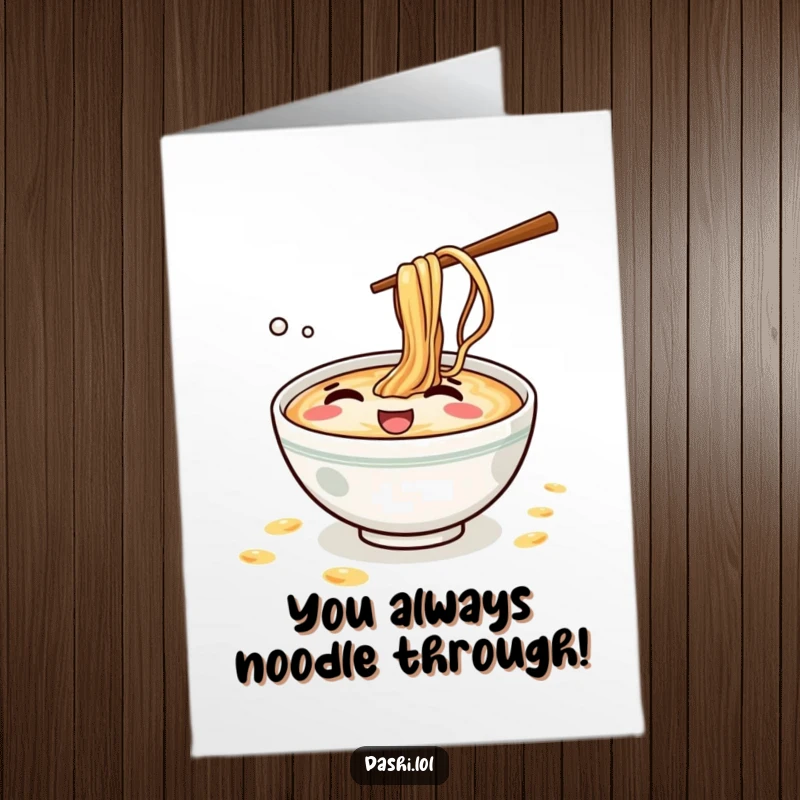 Funny Free Printable Congratulations Card: A ramen bowl giggling mischievously while splashing small noodles in celebration.