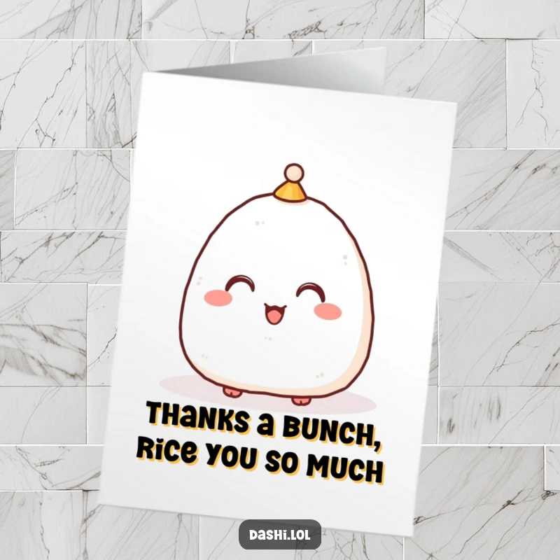 Funny free printable thank you card: A delighted onigiri with a small hat bowing low to convey sincere thanks with a smile.