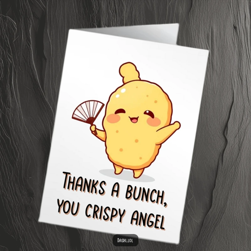 Funny free printable thank you card: A giggling tempura with tiny arms waving a tiny paper fan, expressing thanks with a smile.
