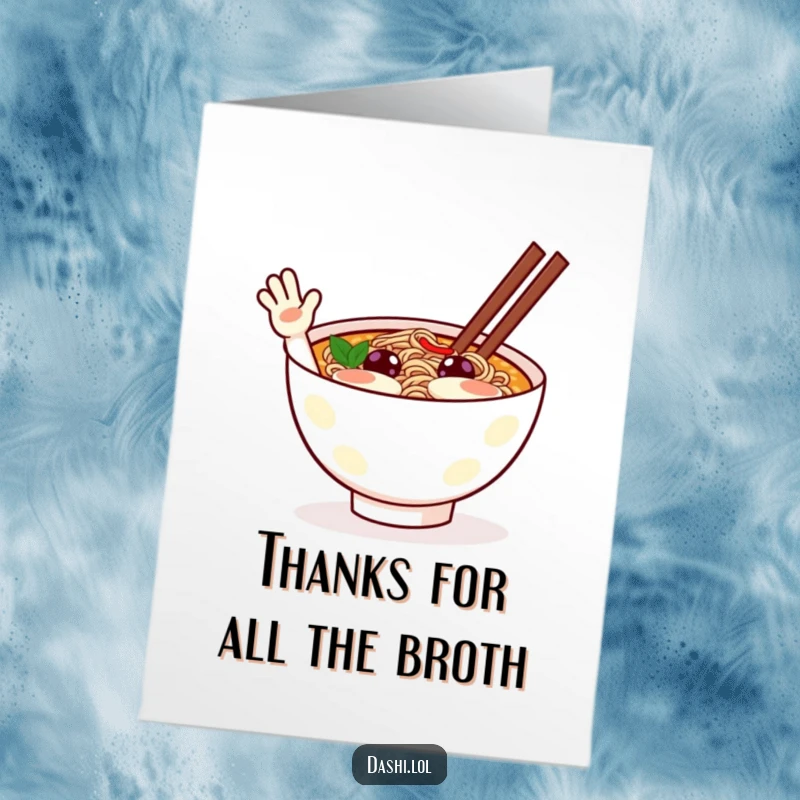Funny Free Printable Thank You Card with a beaming ramen bowl enthusiastically waving, showing sincere thanks.