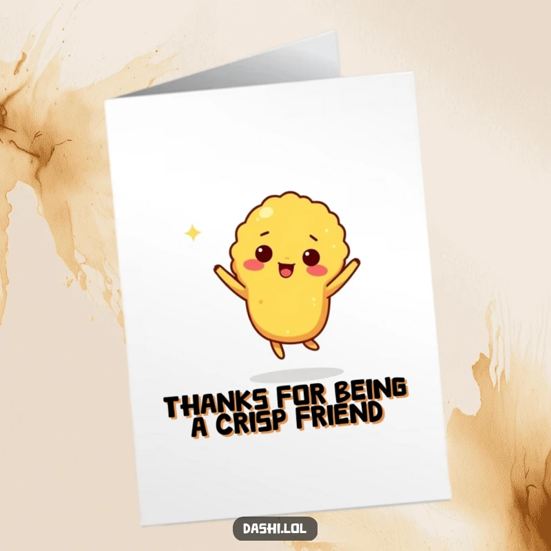 Funny Free Printable Thank You Card of a giddy tempura piece performing a joyful little jig to express thanks.