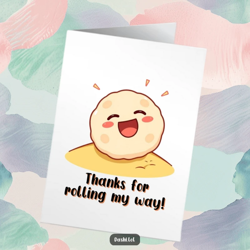 Funny Free Printable Thank You Card: A takoyaki ball with a huge laugh, rolling down a slope with gratitude.
