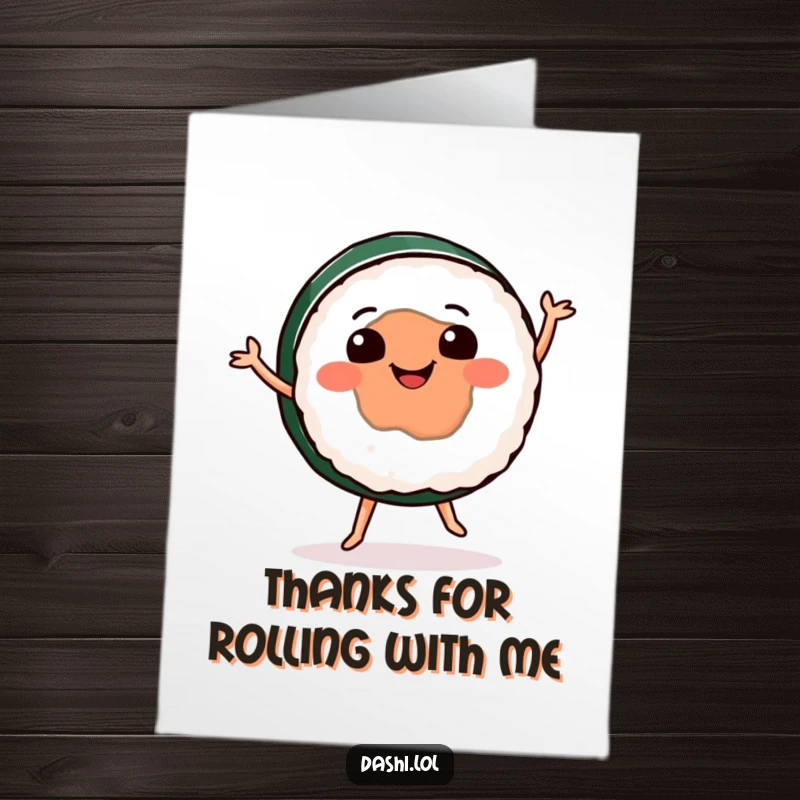 Funny Free Printable Thank You Card with a gleeful sushi roll executing a lively dance move, expressing thanks.