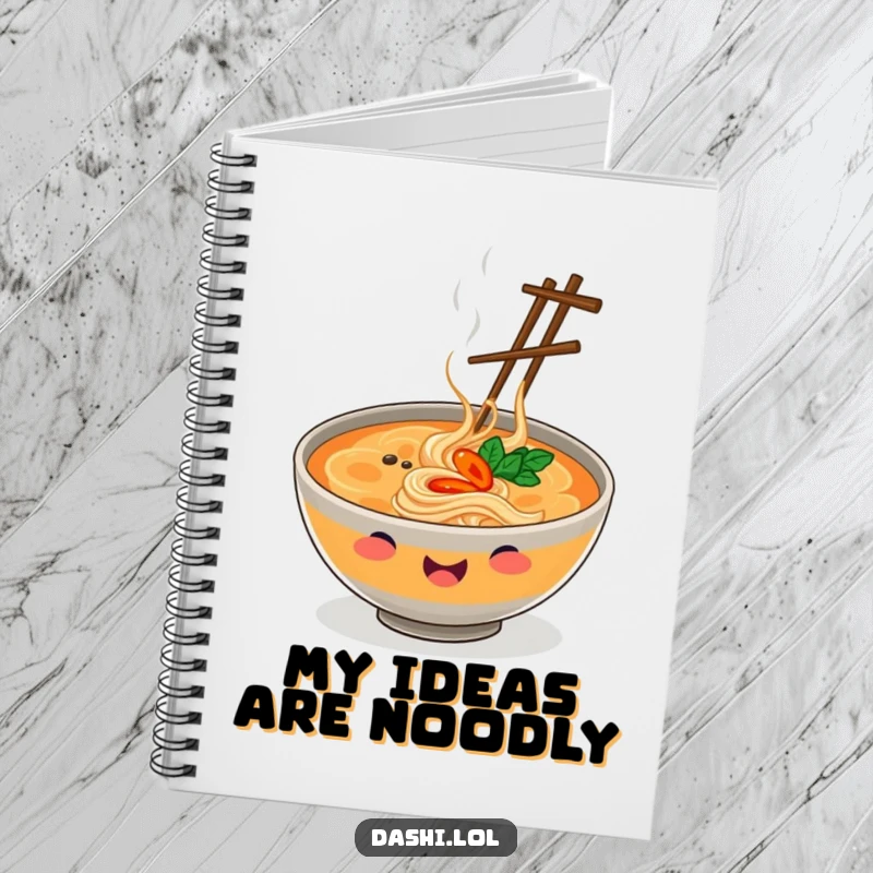 Funny Notebook featuring a smiling ramen bowl juggling chopsticks, ideal for jotting down food ideas humorously.