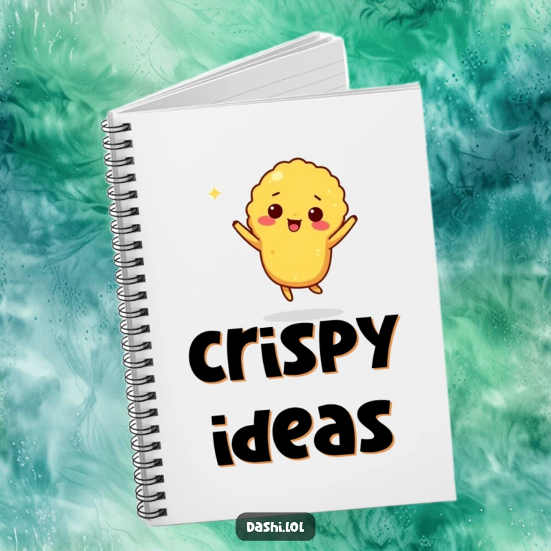 Funny tempura notebook with a giddy tempura piece doing a little jig on the cover, inspiring creativity.