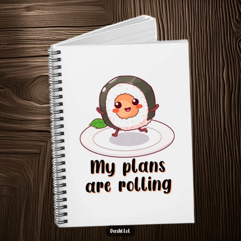 Funny Notebook featuring a cheerful sushi roll with tiny legs skipping, ideal for jotting down foodie thoughts humorously.