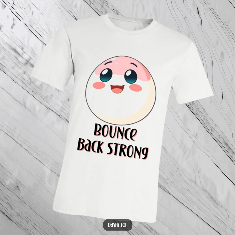 Funny mochi t-shirt depicting a bouncing mochi ball character with a big grin, full of playful energy and charm.