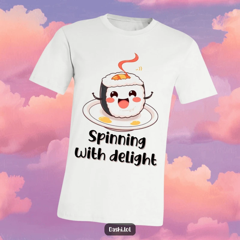 Funny Sushi Roll T-Shirt: A cheerful sushi roll spins merrily on a plate, embodying happiness and delicious fun.
