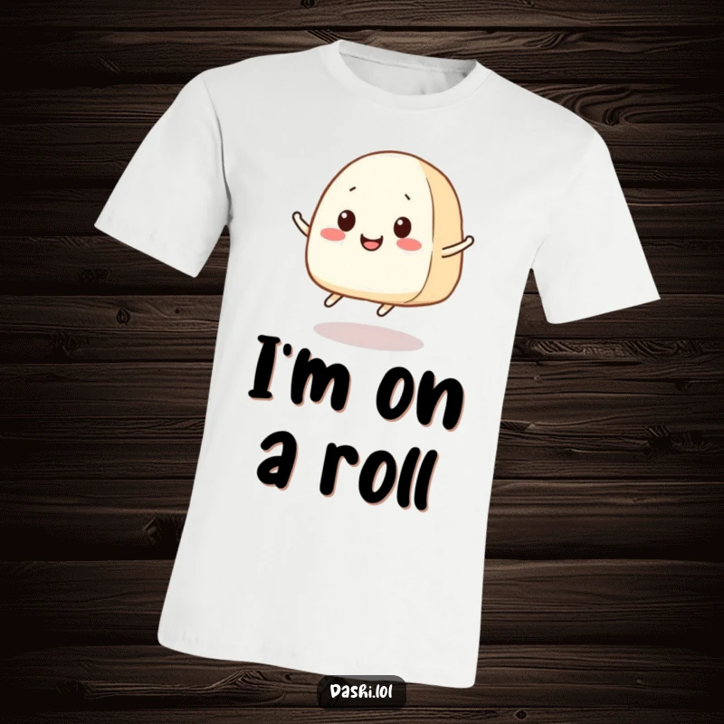 Funny Onigiri T-Shirt: A smiling onigiri with small legs joyfully jumps, showcasing a playful and energetic foodie spirit.