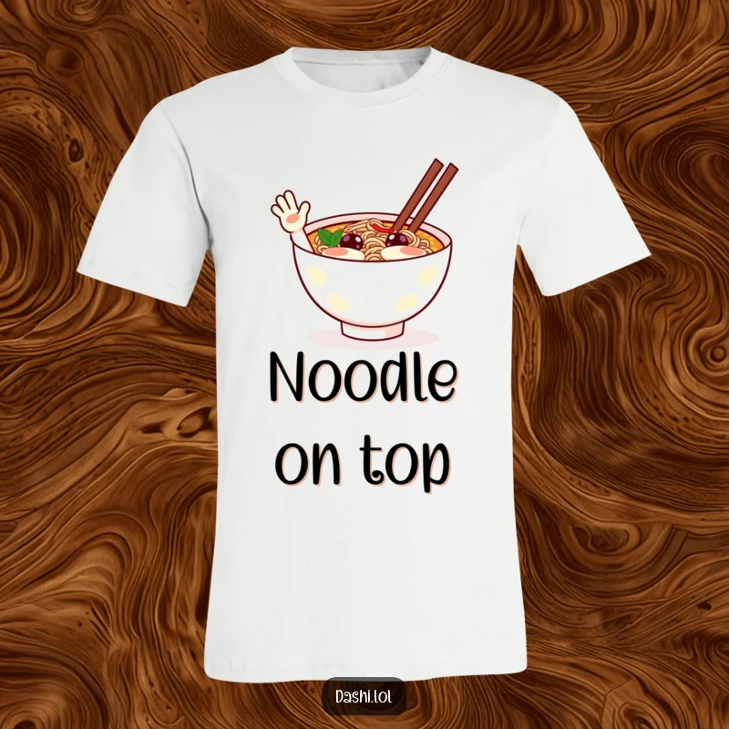 Funny ramen t-shirt depicting a cheerful ramen bowl character excitedly waving, radiating joy and noodle-filled fun.