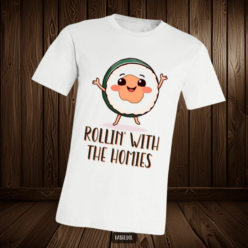 Funny sushi t-shirt showcasing a smiling, round sushi character performing an energetic happy dance, full of flavor and fun.