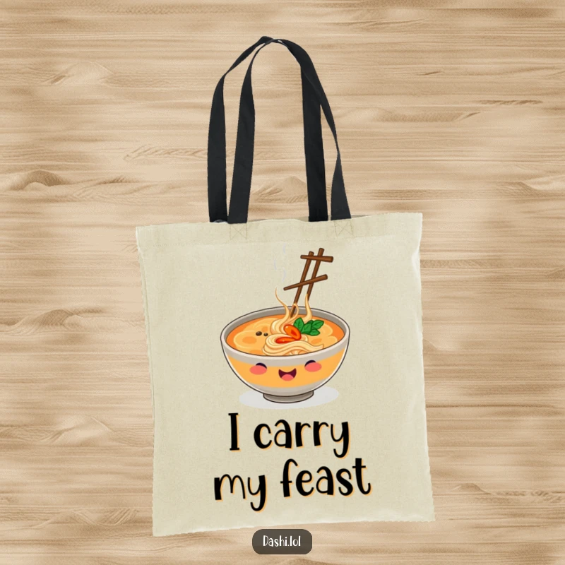 Funny Tote Bag depicting a smiling ramen bowl adeptly juggling chopsticks, a practical and humorous item for foodies.