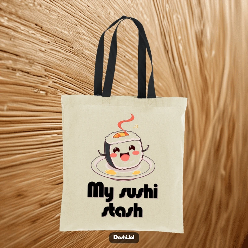 Funny Sushi Roll Tote Bag: A cheerful sushi roll spins happily on a plate, a vibrant and amusing accessory.