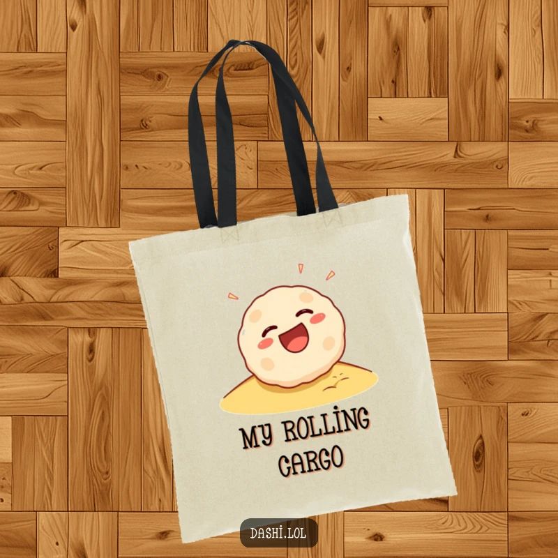 Funny Takoyaki Tote Bag: A laughing takoyaki ball rolls happily down a slope, a fun and practical accessory.