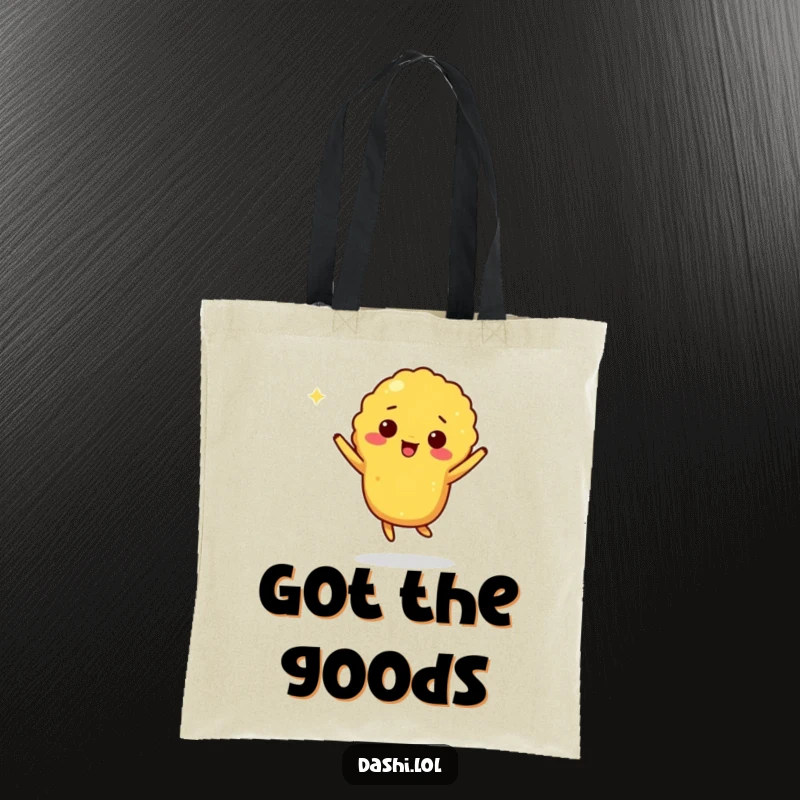 Funny tempura tote bag with a giddy tempura piece doing a little jig, perfect for carrying items with joy.